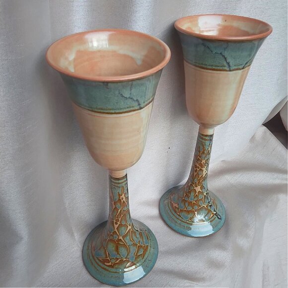 Gorgeous pair of Tall, Slender Hand Thrown and Glazed Stoneware Goblets - Picture 7 of 13